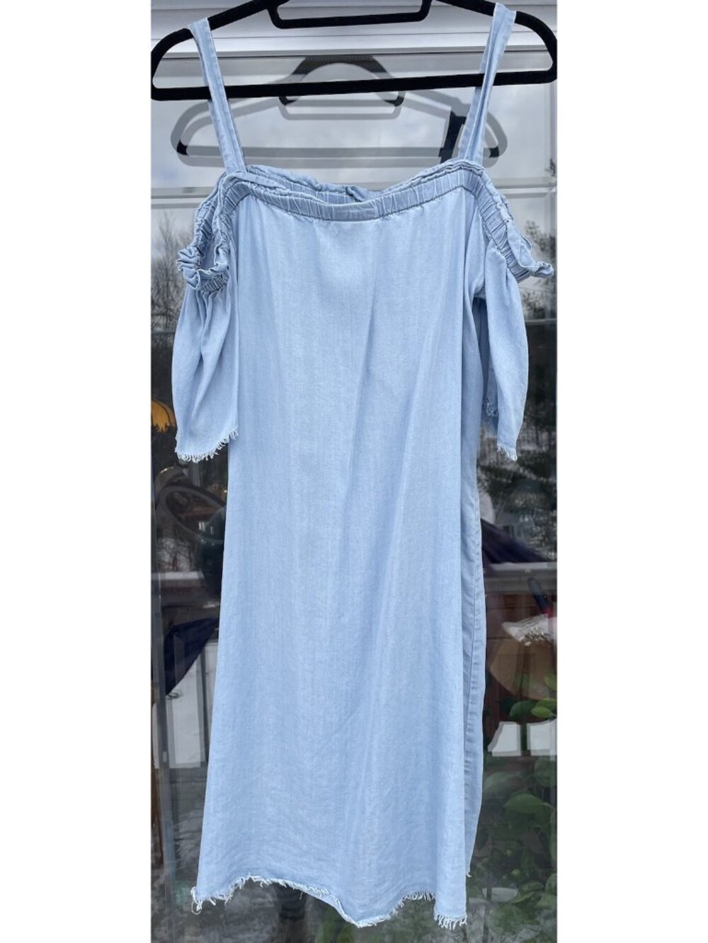 Noisy May Off Shoulder Fray Dress Denim Blue 100% Lyocell Anthropologie